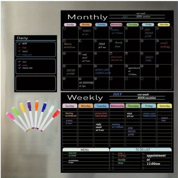 Magnetic Dry Erase Boards Calendar Planner 3 Pack Black with 8 Markers Style 2 - Picture 1 of 4